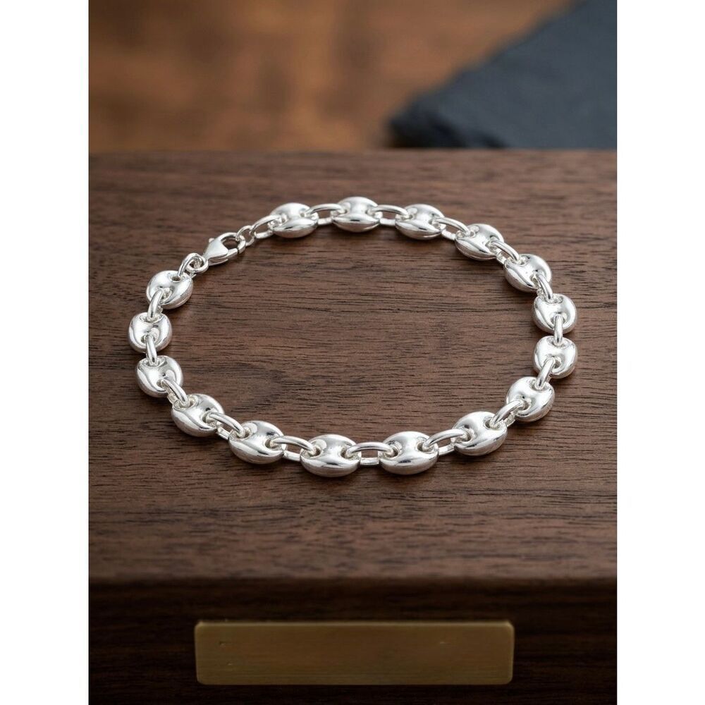 925 Sterling Silver Coffee Bean Puff Mariner Link Chain Bracelet New